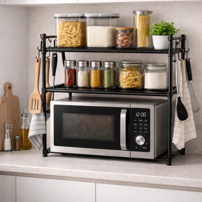 Étagère de Rangement 2 Niveaux pour Micro‑Ondes | Plastique Noir, Organisateur Cuisine