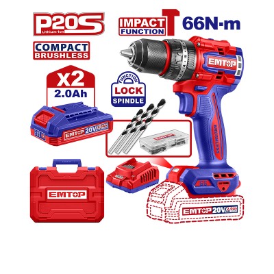 Perceuse visseuse sans fil 20V Brushless EMTOP 45Nm | Compacte, légère et performante