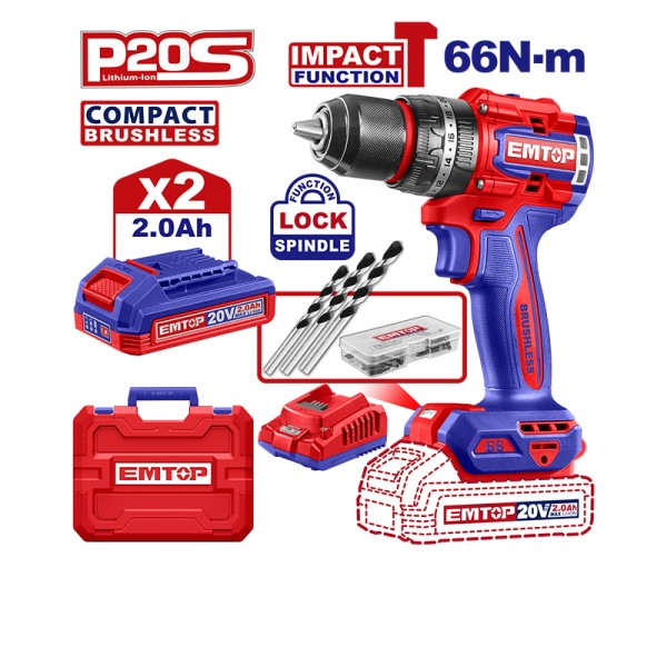 Perceuse à Perc Brush 20v 66nm+ac EMTOP ECIDL20668