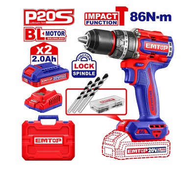 Perceuse visseuse sans fil 20V 86Nm Brushless EMTOP ECIDL208687 | 2 batteries + 47 accessoires