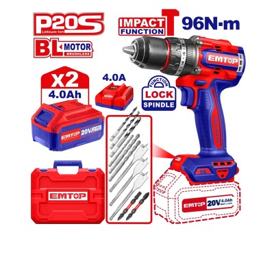 Perceuse à percussion 20V 96Nm Brushless EMTOP ECIDL20968 | 2 batteries 4.0Ah + accessoires