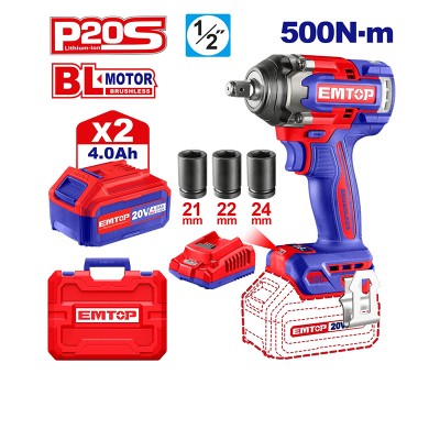 Clé à Choc 20V Brushless 500Nm EMTOP 2x4Ah | Boulonneuse Pro Tunisie