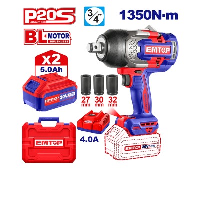 Clé à Choc 20V Brushless 1350Nm EMTOP 2x5Ah | Boulonneuse Industrielle