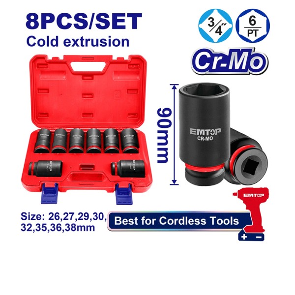 Jeu de 8 Douilles 3/4″ 26-38 EMTOP EMSSD34082L