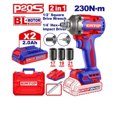 Visseuse à Chocs 20V Brushless 230Nm EMTOP 2x2Ah | Compacte & Puissante