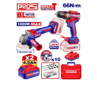 Kit Perceuse + Meuleuse 20V EMTOP 66Nm 115mm 2x4Ah | Pack Complet