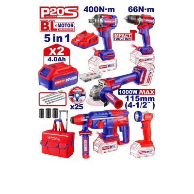 Kit 5 Outils EMTOP 20V Brushless 2x4Ah | Perceuse + Clé + Meuleuse + Marteau