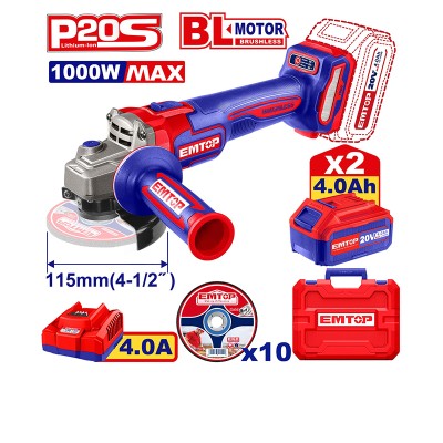 Meuleuse 115mm 20V Brushless EMTOP 2x4Ah + 10 Disques | Pro