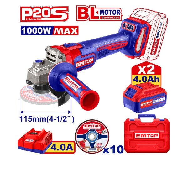 Meuleuse 115 20V Brushless 2B 4AH+10DIS EMTOP ELAG271532