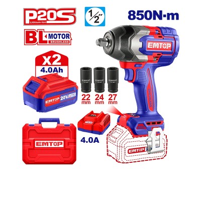 Clé à Choc 20V Brushless 850Nm EMTOP 2x4Ah | Boulonneuse Ultra Puissante