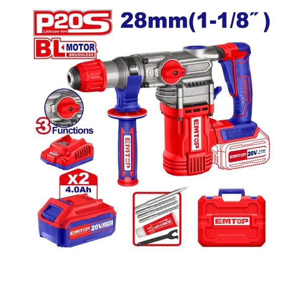 Perforateur SDS+20V 2B 4AH 28 BRUSH+AC EMTOP ELRH202882