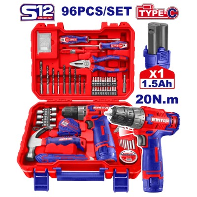 Valise d’Outils EMTOP 96 Pièces + Visseuse 12V