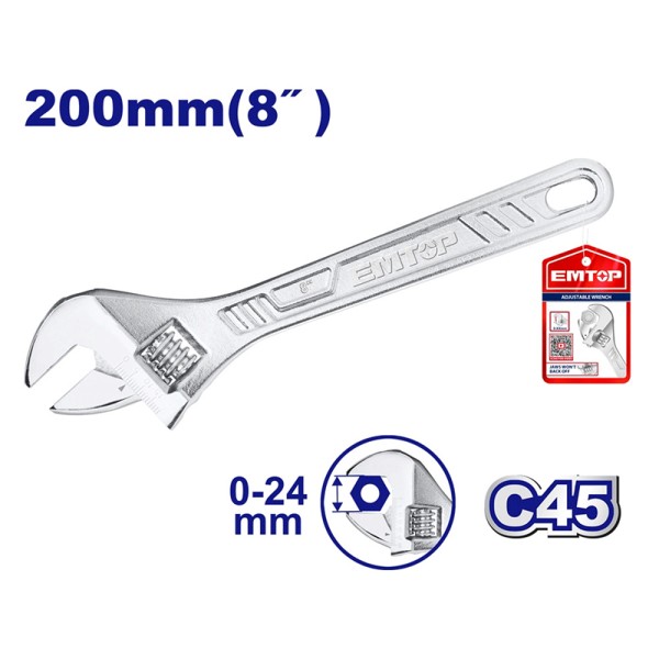 Clé Molette 8" 200mm 0-24 EMTOP EAWH130822