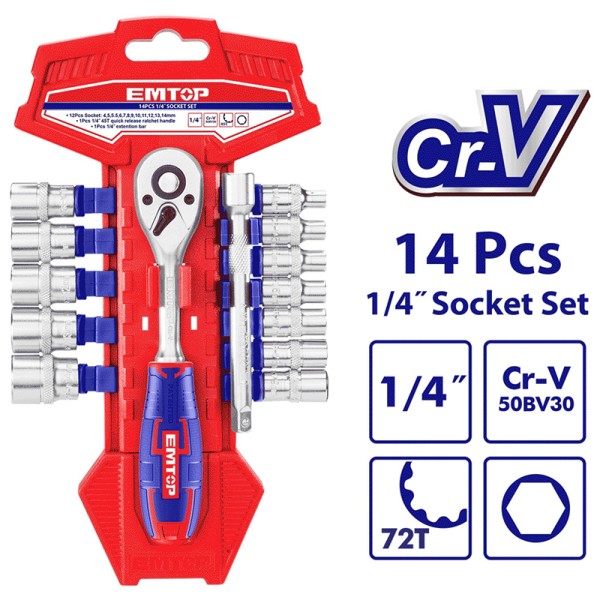 14 Douilles 1/4" Avec Cliquet EMTOP ESKT14141