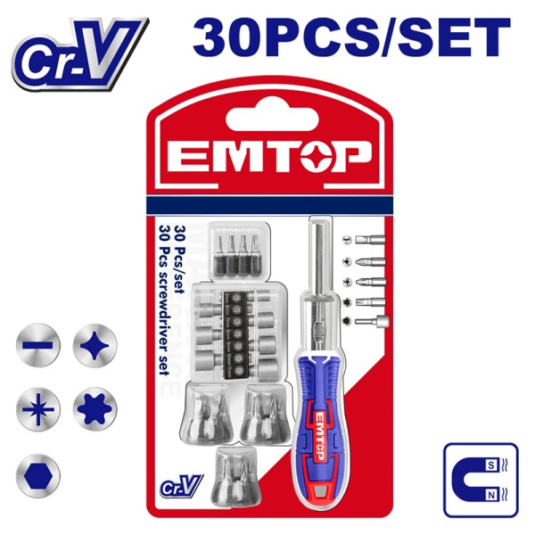 Jeu De 30 Tournevis à Cliquet EMTOP EBST03006